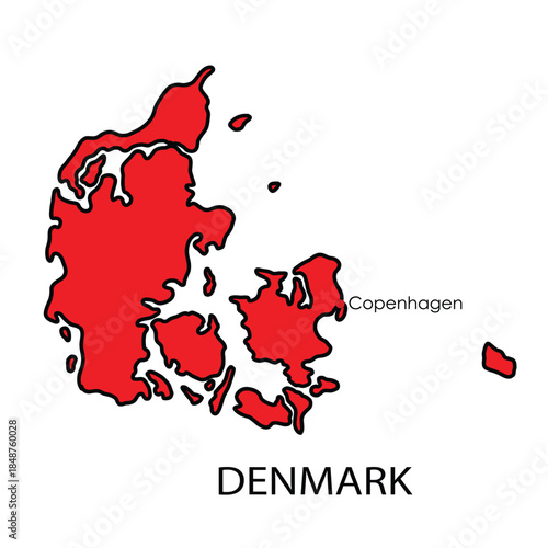 Red map of Denmark with Copenhagen labeled simple vector