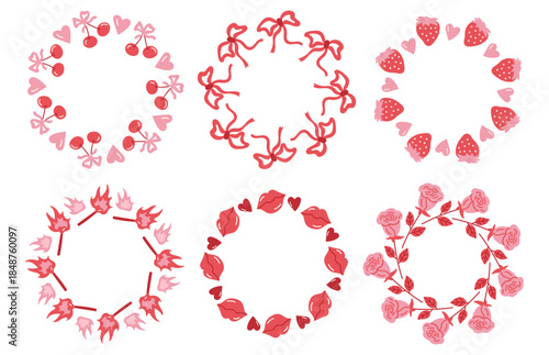 Cute Valentine’s Day circular frame set with hearts, bows, cherries and romantic love elements. Decorative border for invitations, cards, packaging and beauty design.