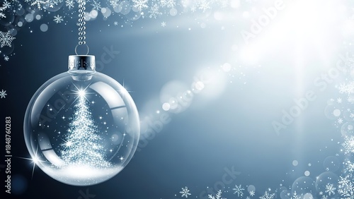 Christmas bauble with sparkling tree inside, snowflakes and bokeh lights