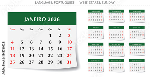 PORTUGUESE monthly calendars for 2026 year. Vector pages set illustration Portugal. Week starts Sunday