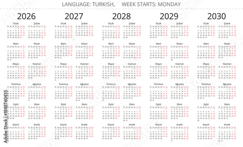 2026, 2027, 2028, 2029, 2030 year turkish simple calendars. Vector illustration Turkey - turk takvimi
