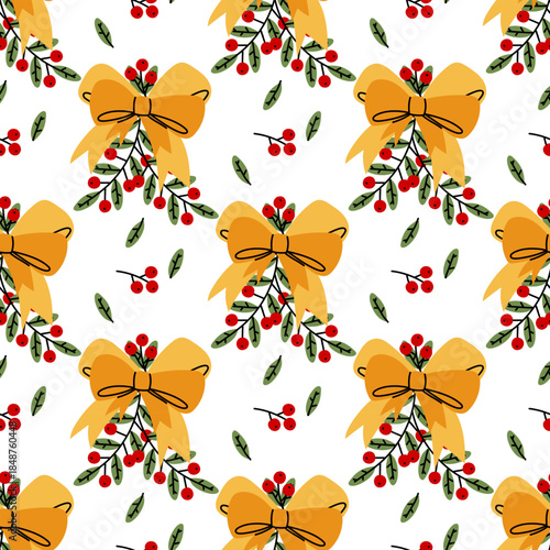 Seamless pattern with double orange and yellow bows decorated with branches and red berries. bouquet is tied with ribbon. flat-style print is perfect for festive wrapping paper, fabric, or digital