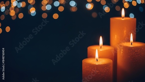 Cozy Warm Glowing Candles with Festive Orange & Blue Bokeh Lights Background - Textured Surface, Gentle Glow, Close-up, Dark Ambiance, Relaxing Atmosphere, Holiday Decor, Serene Mood, Soft Focus