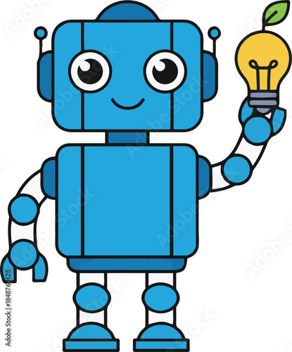 Vector cartoon illustration of a cute, friendly blue robot holding a yellow lightbulb with a green leaf, symbolizing eco-friendly ideas and sustainable innovation.