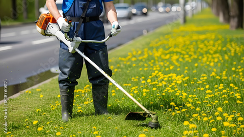Professional groundskeeper trimming roadside dandelions with weed eater | Urban landscape maintenance worker using string trimmer near traffic | Gardener cutting grass and weeds on public city street 