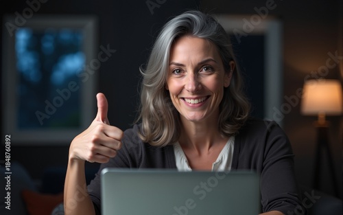 Middle age woman with grey hair working using computer laptop late at night doing happy thumbs up gesture with hand. approving expression looking at the camera showing success. High quality