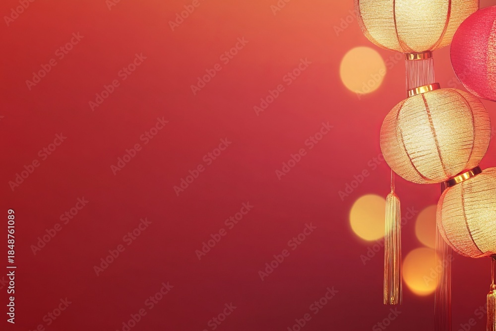 Fototapeta premium Abstract red and gold glowing light background featuring elegant lanterns with soft bokeh effects, creating a warm ambiance perfect for festive celebrations with copy space