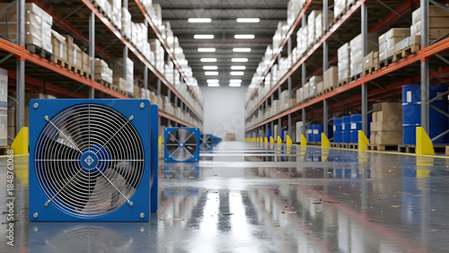 Blue industrial ventilation fan on warehouse floor | HVAC system for large logistics and storage centers | 3D rendering of cooling equipment in distribution factory | Modern air circulation technology