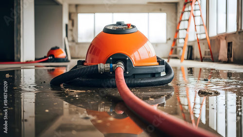 Industrial water extraction pump for flood cleanup | Commercial water damage restoration equipment on wet floor | Professional flood mitigation services and drying technology | Basement water removal 