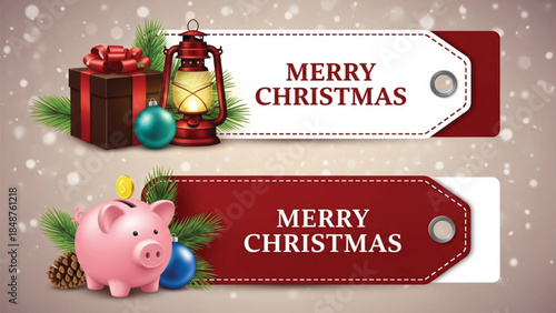 Two festive christmas gift tag banners with lantern and piggy bank decorations. Banner features a wrapped present, a vintage red lantern, and a blue ornament next to the text 'MERRY CHRISTMAS'. 