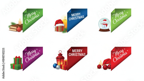 A collection of six colorful corner banners featuring 'Merry Christmas' text alongside various holiday gifts, candles, a Santa hat, a lantern, and a snow globe, all presented on a white background.