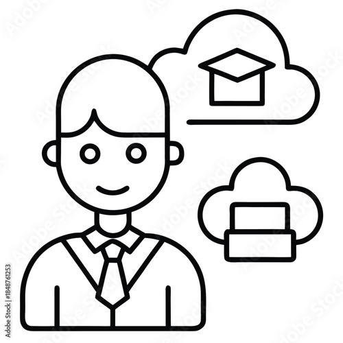 A smiling man in shirt and tie with thought bubbles about education and data