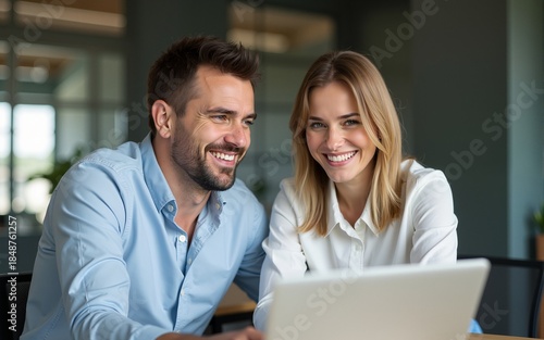 Two middle age business workers smiling happy and confident. Working together with smile on face using laptop at the office. High quality