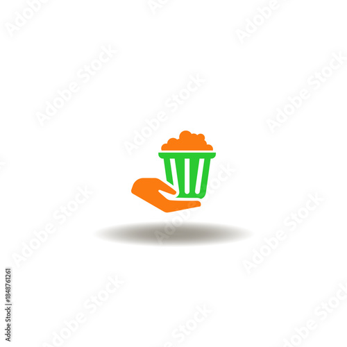 Vector illustration of hand give of popcorn glass. Symbol of film premiere. Icon of cinema. Sign of watching a movie with popcorn.