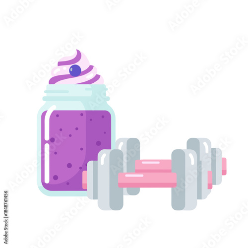 Smoothie jar with whipped cream beside pink dumbbells  