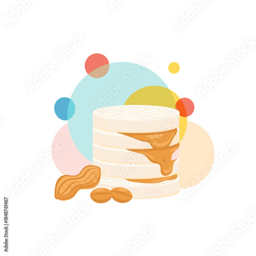 Rice cakes stacked with peanut butter and peanuts on colorful background  
