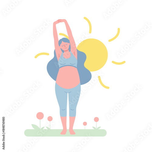 Pregnant woman stretching her arms in sunlight with flowers around  