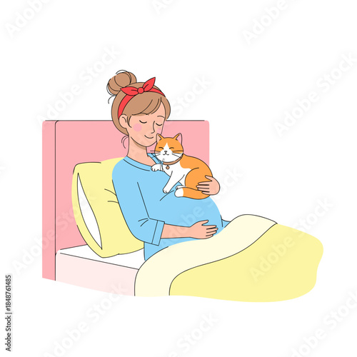 Pregnant woman cuddling orange cat while sitting on bed  
