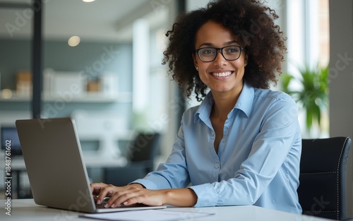 analyst woman using laptop computer in office. High quality