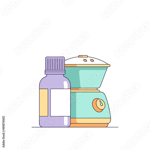 Essential oil bottle next to steam nebulizer in modern style  