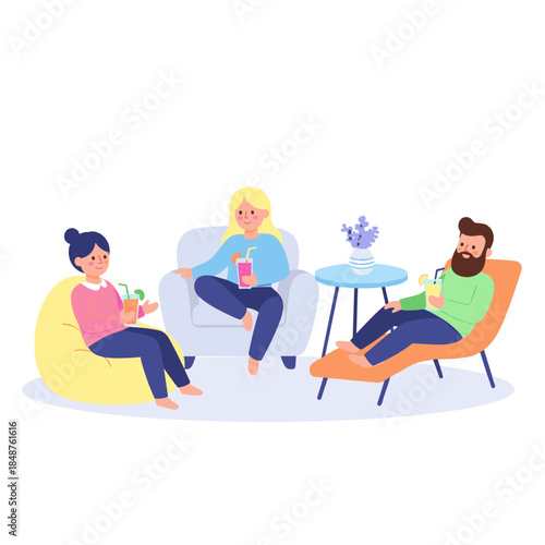 Friends relaxing in lounge with smoothies and colorful drinks  
