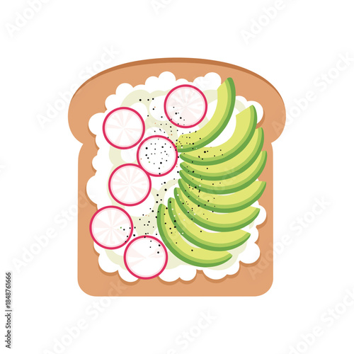 Cottage cheese toast topped with avocado and radish slices  