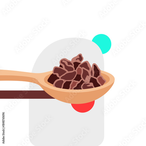 Cacao nibs displayed in wooden spoon against minimalist background  