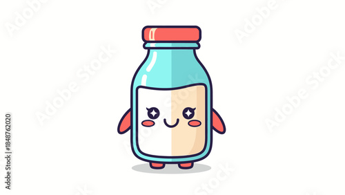 Adorable Cartoon Milk Bottle Character with a Red Cap and Happy Face Standing on an Isolated White Background