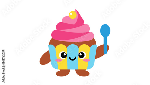 Sweet Cartoon Cupcake Character with Spoon, Isolated White Background