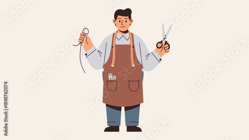 Skilled Male Tailor Holding Scissors and Thread in Bright Studio
