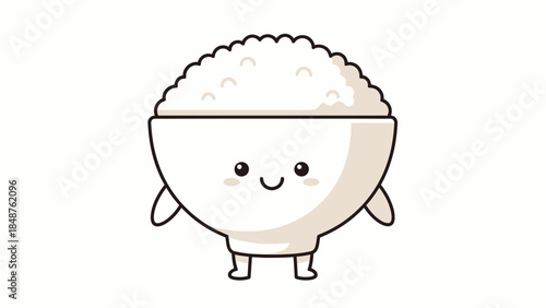 Happy Cartoon Rice Bowl with Smiling Face, Isolated White Background