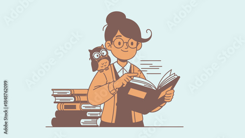 Intelligent Woman Reading Book with Owl Companion in Bright Studio