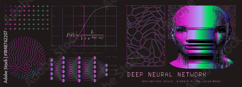 Collage of vibrant neon dotted human face, neural network layers with nodes, a sigmoid activation function graph, wavy patterns. Conceptual vector illustration for deep neural networks.