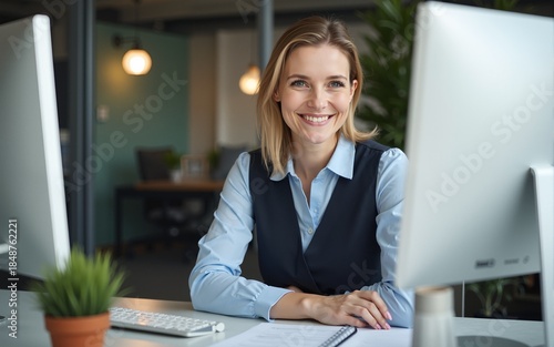 Cheerful smiling business woman working with pc computer while sitting at the desk in modern office. Middle aged female lawyer or auditor at work. Business people concept. High quality