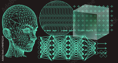 Wireframe human head alongside neural network layers, wavy patterns, and geometric cubes symbolizing AI processing. Conceptual vector illustration.