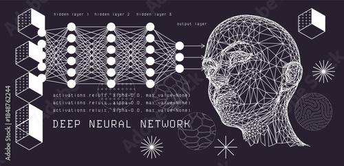 Vector illustration in a futuristic geometric style showing a polygonal wireframe human head profile connected to a deep neural network with layered nodes.