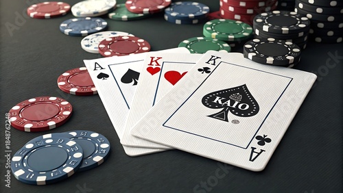 Ace of spades poker cards with chips on green table for royal flush game