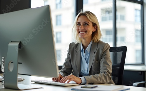 Cheerful smiling business woman working with pc computer while sitting at the desk in modern office. Middle aged female lawyer or auditor at work. Business people concept. High quality