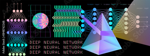 Digital vector illustration of layered neural networks with nodes, wavy patterns, a colorful abstract sphere, and a prismatic pyramid. Conceptual vector illustration for deep neural networks.