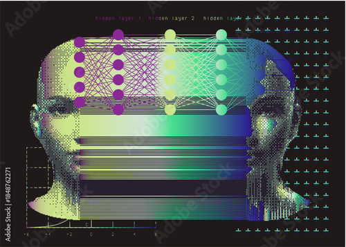 Collage of vibrant neon dotted human face, neural network layers with nodes. Conceptual vector illustration for deep neural networks.