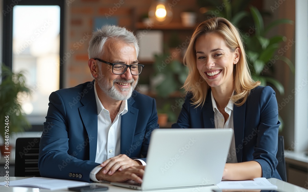 Fototapeta premium Two middle age business workers smiling happy and confident. Working together with smile on face using laptop at the office. High quality