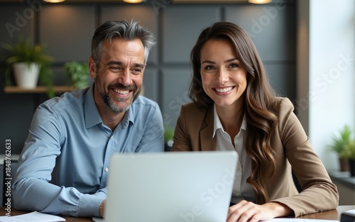 Two middle age business workers smiling happy and confident. Working together with smile on face using laptop at the office. High quality