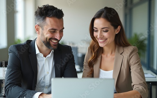 Two middle age business workers smiling happy and confident. Working together with smile on face using laptop at the office. High quality
