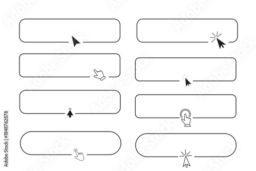 Register now set line frame border with arrow, mouse pointer, Button click here, action for web, simple ui ux design element. Press, search box.