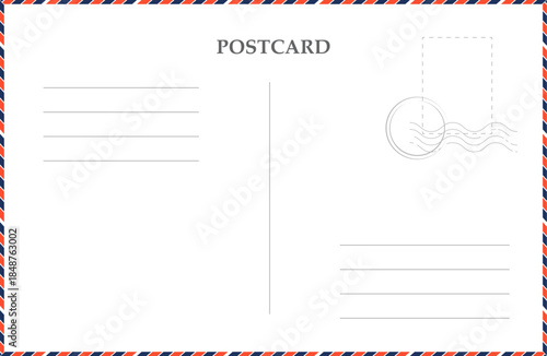 Postcard air mail template with striped border, with stamp, Vintage empty letter, envelope. Retro postage card. Blank template
