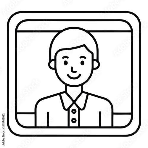 line drawing of a smiling man in a video call on a computer screen