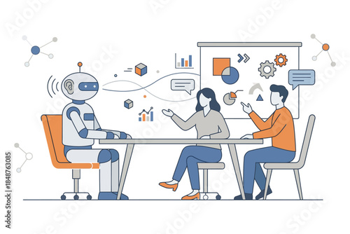 Robot and people discussing at a table with charts