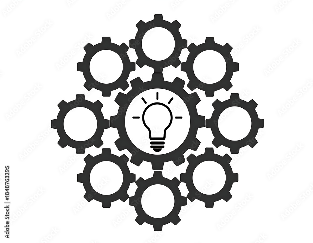 Fototapeta premium Illustration of gears surrounding a central illuminated light bulb