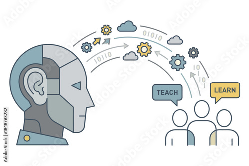 Robot head teaching people with binary code and gears