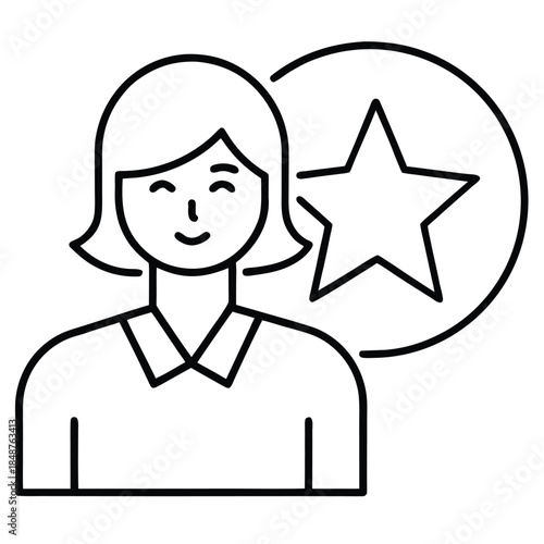 Line drawing of a smiling woman with a star in a speech bubble